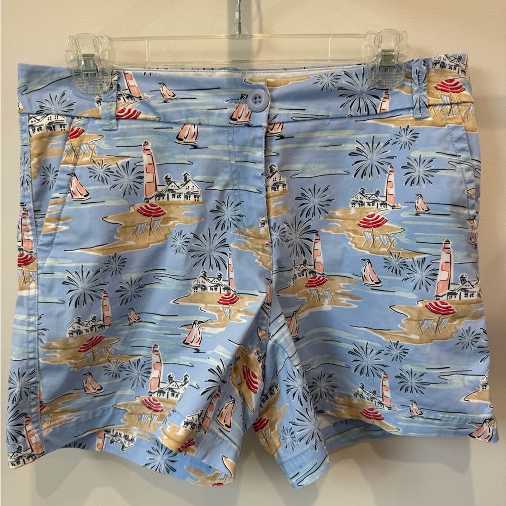 crown & ivy Light Blue Nautical Print Shorts with Red and Tan Accents